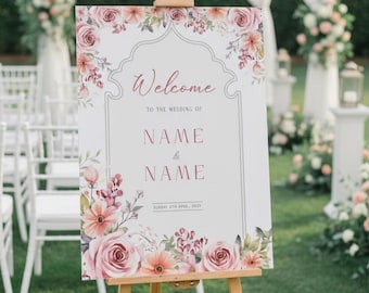 Personalised Elegant Floral Wedding Welcome Sign | Floral Arch Decor (A1 A2 A3 A4)