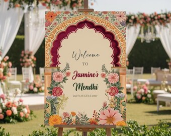 Personalised Mendhi Welcome Board: Traditional Floral Wedding Sign (A1 A2 A3 A4)