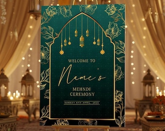 Personalised Mendhi Welcome Board: Green And Gold Floral Wedding Sign (A1 A2 A3 A4)