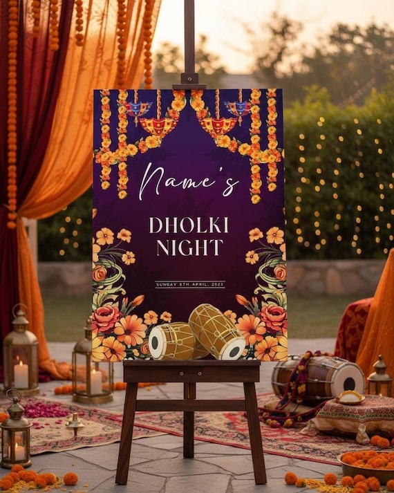 Personalised Dholki Welcome Board: Traditional Asian Wedding Sign (A1 A2 A3 A4)