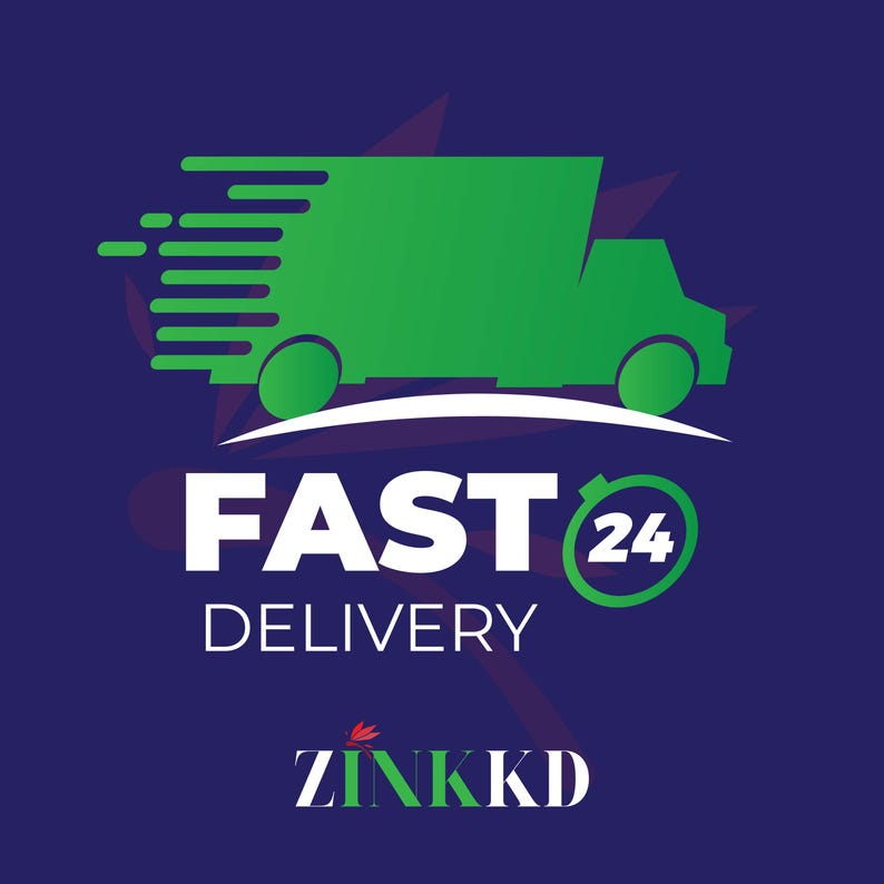 Peut inclure: Graphique d'un camion de livraison vert avec des lignes de mouvement, au-dessus des mots "FAST DELIVERY" en blanc. Une horloge verte avec le chiffre 24 est &agrave; droite. Le logo "ZINKKD" est en bas, le tout sur fond bleu fonc&eacute;.