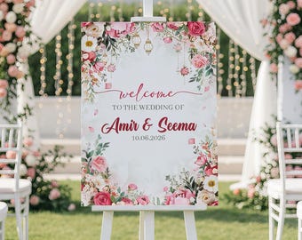 Personalised Floral Wedding Welcome Sign, Printed Blush Pink Roses Board (A1 A2 A3 A4)