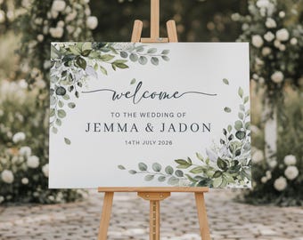 Personalised Eucalyptus Wedding Welcome Sign, Botanical Greenery Board (A1 A2 A3 A4)
