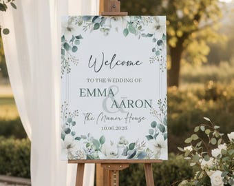 Personalised Eucalyptus Wedding Welcome Sign, Elegant Floral Decor (A1 A2 A3 A4)