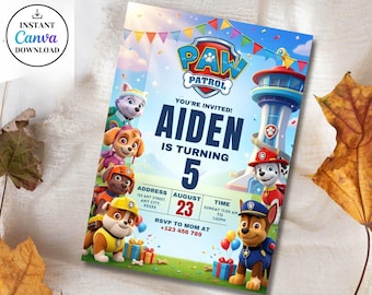 Bearbeitbare Paw-ty Geburtstagseinladungsvorlage, Puppy Patrol Pup Boys & Girls Bday, Kinderpartyeinladung, digitaler Download