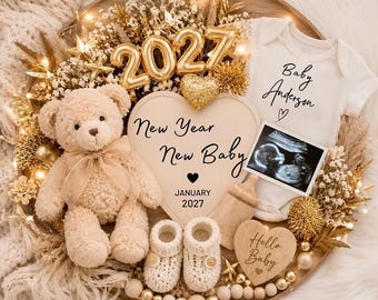 Modello per annuncio di gravidanza di Capodanno 2027, annuncio di gravidanza di gennaio modificabile su Canva, annuncio del bambino a gennaio, social media di Capodanno, Canva
