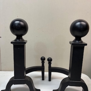 Cast Iron Black Andirons Cannon Ball Firedogs