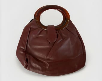 Vintage Burgundy Leather Purse Handbag with Brown Bakelite Handles 70s 80s