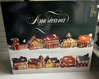 Christmas Village Light Set 10 Porcelain Houses Santas Best Americana VTG 1994