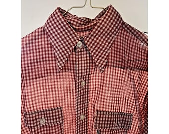 Vintage Levis Western Shirt Mens Red White Gingham Plaid 70s Super Thin Small