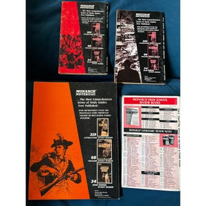 May include: Four vintage Monarch Notes study guides with rectangular covers. Three feature black and red graphic designs with text listing study guide categories. One guide has a white cover with a detailed list of high school review books.