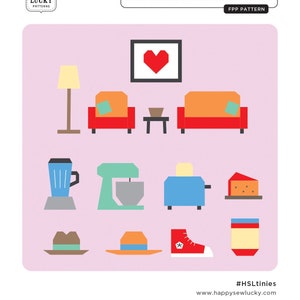 May include: A pink background with a variety of colorful illustrations of household items, including a blender, a mixer, a toaster, a couch, a lamp, a hat, a shoe, and a jar. The text "HSL tinies: home sweet home" is at the top of the image. The text "#HSLtinies" and "www.happysewlucky.com" are at the bottom of the image.
