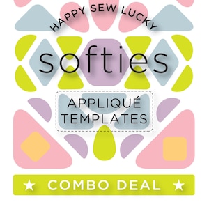 Puede incluir: Un patrón geométrico verde, rosa, amarillo y azul con el texto "Happy Sew Lucky" y "softies" en el centro. El texto "Appliqué Templates" está en un cuadro blanco con un borde discontinuo. El texto "Combo Deal" está en un cuadro verde con una estrella blanca a cada lado.