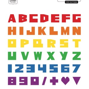 May include: A rainbow alphabet and numbers in a blocky font style. The letters are red, orange, yellow, green, blue, indigo, and violet. The numbers are blue and purple. The symbols include a forward slash, plus sign, heart, and triangle.