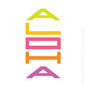 May include: A colorful graphic design of the word "ALOHA" with each letter in a different color: yellow, orange, pink, orange, and purple.