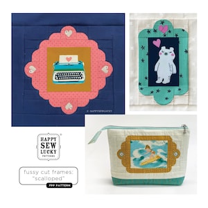 Pode incluir: Um conjunto de três blocos de colcha de patchwork de tecido com uma máquina de escrever, um urso polar e um surfista. Os blocos são emoldurados com uma borda festoneada e estão em tons de azul, verde, rosa e amarelo. O texto "Happy Sew Lucky Patterns" está incluído na imagem.