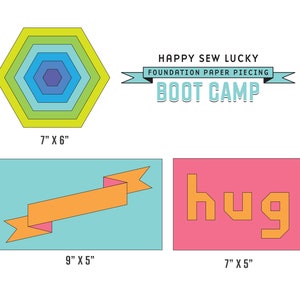 May include: A set of three paper piecing templates for quilting. The templates are a hexagon, a banner, and a rectangle with the word "hug" on it. The hexagon is 7 inches by 6 inches, the banner is 9 inches by 5 inches, and the rectangle is 7 inches by 5 inches.