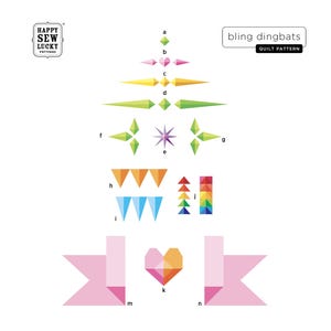 May include: A quilt pattern design with geometric shapes in various colors, including pink, yellow, green, and orange. The design includes a heart, star, and banner shapes. The text "bling dingbats QUILT PATTERN" is visible.