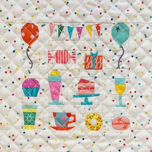May include: A colorful patchwork quilt block with a birthday party theme. The block features a variety of party items, including balloons, cake, cupcakes, a gift, a glass of champagne, a donut, and a cup of coffee. The block is made with a variety of fabrics and colors, and is perfect for a birthday quilt.