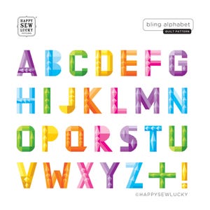 May include: A colorful alphabet design with letters A through Z, plus a plus sign and an exclamation point. Each letter is a different color and has a geometric, faceted design. The words "bling alphabet" and "quilt pattern" are also visible.