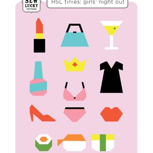 Puede incluir: Un fondo rosa con una variedad de iconos coloridos, incluyendo un lápiz labial, un bolso, una copa de martini, esmalte de uñas, una corona, un vestido, un sujetador, ropa interior, labios y sushi. El texto "HSL tinies: girls' night out" está en la parte superior de la imagen.