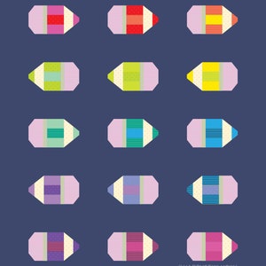 Puede incluir: Un conjunto de 15 lápices de colores con diferentes patrones. Cada lápiz es de color rosa claro con una franja y un patrón de color diferente. Los lápices están dispuestos en tres filas de cinco.
