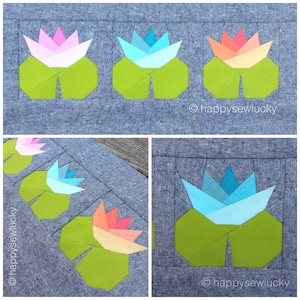 Puede incluir: Un bloque de acolchado con un patrón de hoja verde con una flor multicolor en la parte superior. La flor está compuesta por cinco pétalos en tonos de rosa, azul o naranja. El patrón se repite en diferentes colores en toda la imagen.  ©happyssewlucky