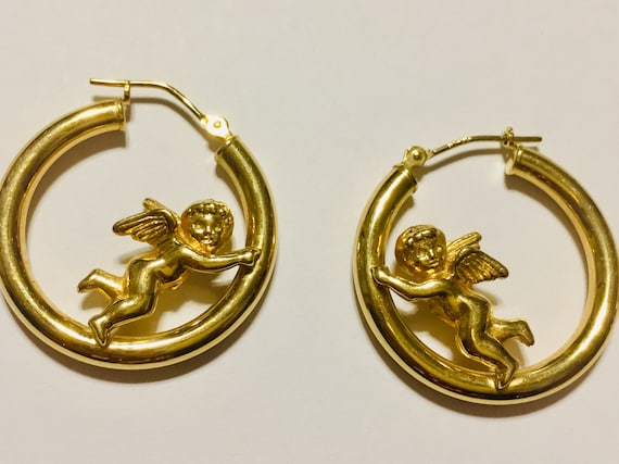 14K Yellow Gold Cherub Hoop Earrings