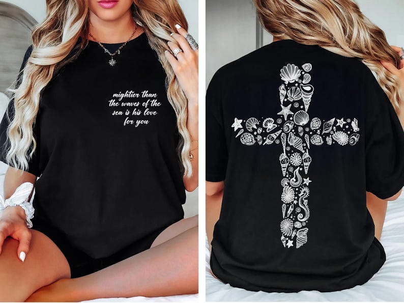 The image is a collage of two photos. In the left photo, a woman with long blonde hair is sitting on a bed, wearing a black t-shirt with a cross design and text on it. In the right photo, the back of the same t-shirt is shown, featuring a cross design with various sea-themed elements such as shells, starfish, and seaweed.