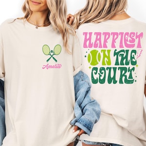 Custom Happiest On Court Comfort Colors,Tennis Player Gifts, Funny Tennis  Shirt, Custom Sports Tee,Personalized Tennis Shirt