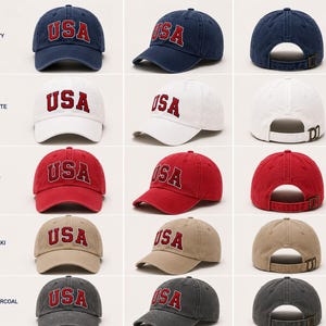 a collection of various colored baseball caps, each with the word "USA" printed on it.