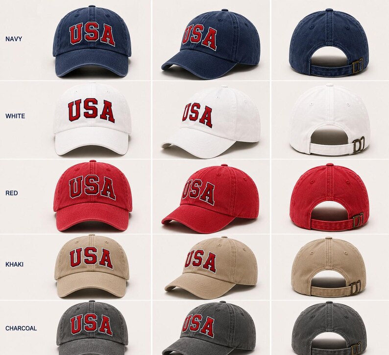 a collection of various colored baseball caps, each with the word "USA" printed on it.