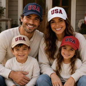 A happy family of four, consisting of a man, a woman, and two children, posing together on a porch with an American flag in the background.