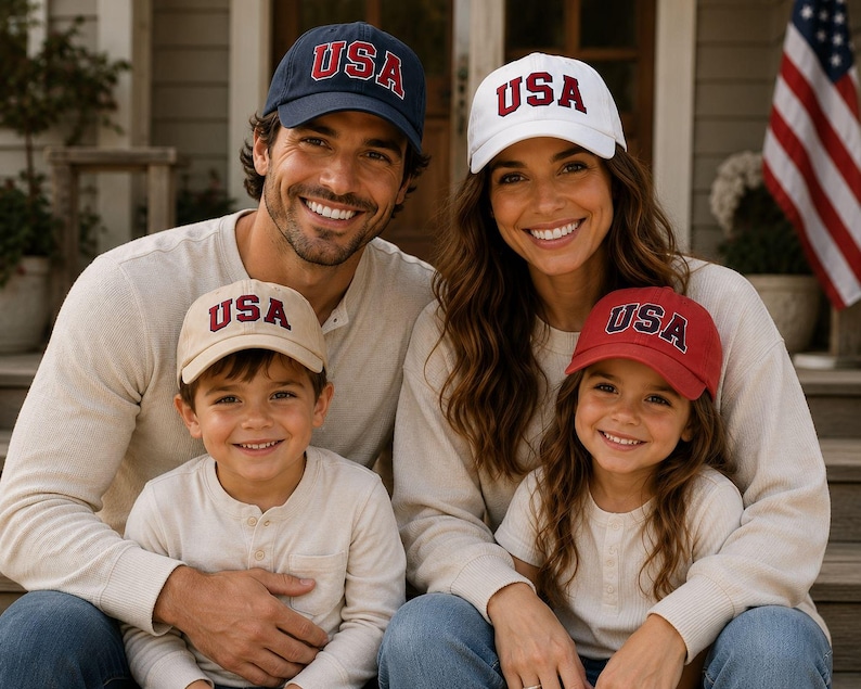 A happy family of four, consisting of a man, a woman, and two children, posing together on a porch with an American flag in the background.