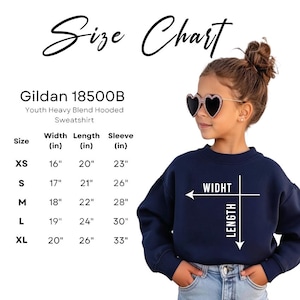 The image is a size chart for a youth heavy blend hooded sweatshirt, with a young girl wearing the sweatshirt and sunglasses.