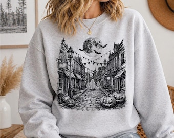 Vintage Halloween Sweatshirt: Spooky Ghost Town Hoodie, Retro Pumpkin Fall Graphic Sweat, S1343