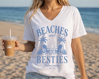 Custom Beaches And Besties Vneck Shirt, Girls Trip Tee, Best Friends Vacation V_neck Tee, S1424