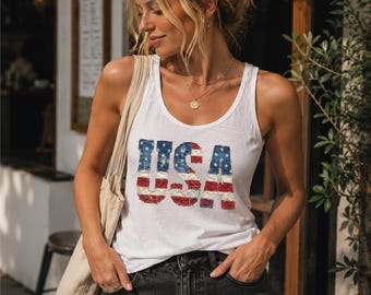 Camiseta sin mangas estilo racerback con estampado de patchwork falso de EE. UU.: Camiseta sin mangas del 250 aniversario de Estados Unidos, regalo patriótico para el 4 de julio, S1321
