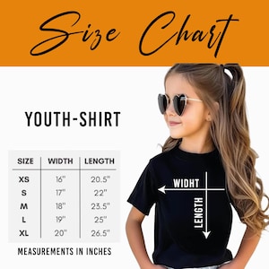 The image is a size chart for a youth-shirt, showing the measurements for different sizes (XS, S, M, L, XL, XS) and the corresponding widths (16", 17", 18", 19", 20", 21").