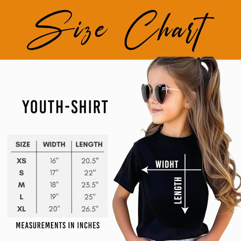The image is a size chart for a youth-shirt, showing the measurements for different sizes (XS, S, M, L, XL, XS) and the corresponding widths (16", 17", 18", 19", 20", 21").