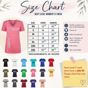 The image is a size chart for women's v-necks, including a pink v-neck shirt, a black v-neck shirt, and a variety of other v-necks in different colors and styles. The chart provides measurements in inches and lists the sizes for each v-neck style.