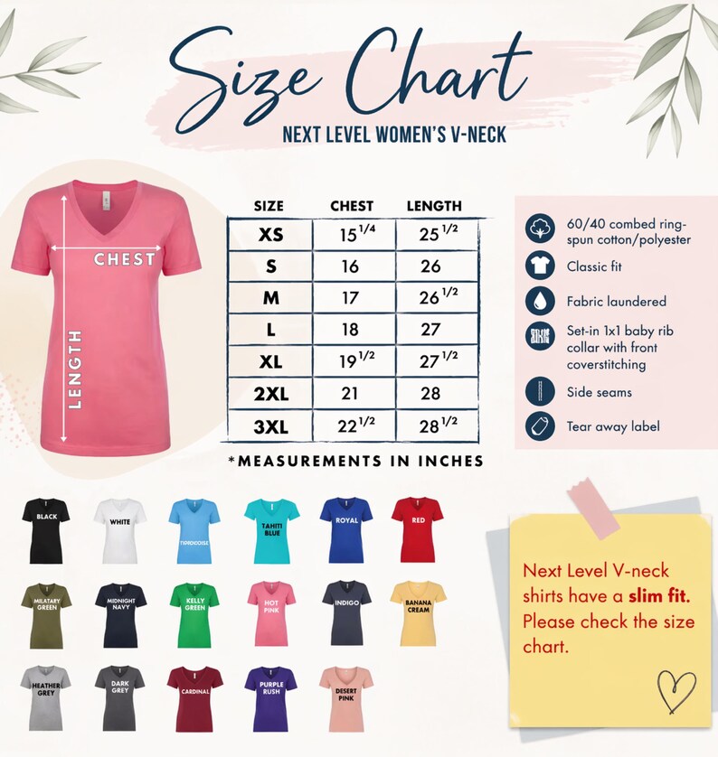 The image is a size chart for women's v-necks, including a pink v-neck shirt, a black v-neck shirt, and a variety of other v-necks in different colors and styles. The chart provides measurements in inches and lists the sizes for each v-neck style.