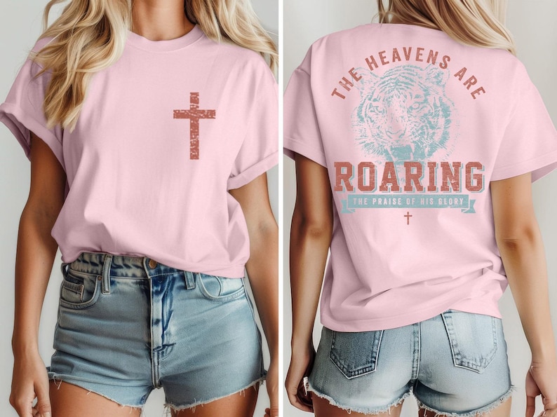 The image is a collage of two photos of a woman wearing a pink t-shirt with a cross and the text "The heavens are roaring" printed on it.