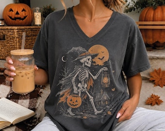 Skeleton Halloween Vneck, Skeleton Witch V-Neck Tee, Vintage Spooky Season Shirt, Gothic Sarcastic Gift, S1612