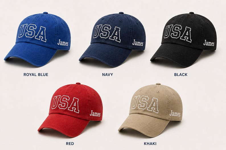 a collection of six baseball caps, each with a different color and design, all featuring the word "USA" prominently displayed.