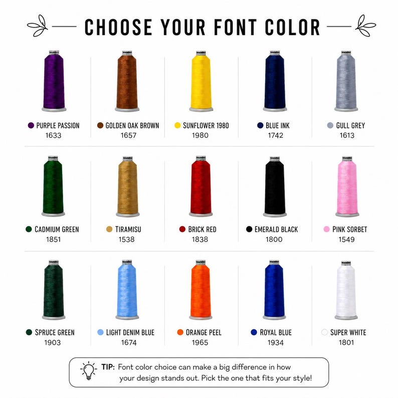 a collection of twelve different colored thread spools, each with a unique color and pattern, arranged in a grid format. The spools are labeled with their respective colors and patterns, such as Purple Passion, Golden Oak Brown, Sunflower 1980, Blue Ink, Gull Grey, and others. The image suggests that choosing the right font color can significantly impact the overall design and style of a garment or accessory.