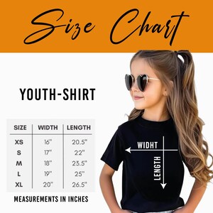 The image is a size chart for a youth-shirt, showing the measurements for different sizes (XS, S, M, L, XL, XS) and the corresponding widths (16", 17", 18", 19", 20", 21").