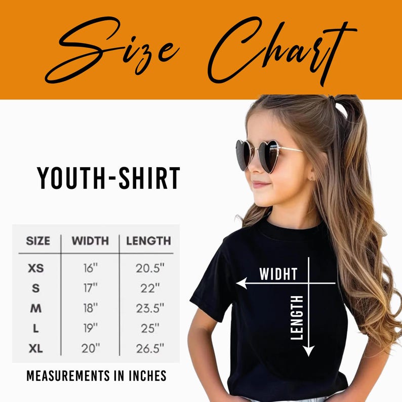 The image is a size chart for a youth-shirt, showing the measurements for different sizes (XS, S, M, L, XL, XS) and the corresponding widths (16", 17", 18", 19", 20", 21").