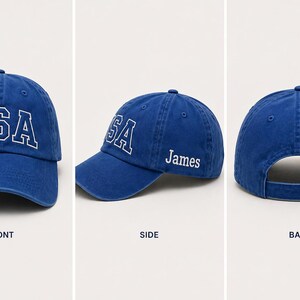 The image is a collage of three photos showing different views of a blue baseball cap with the word "USA" printed on it.