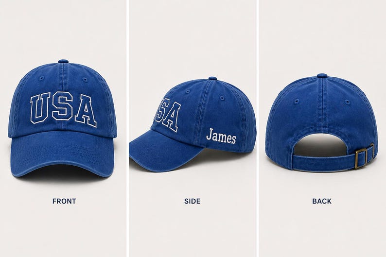 The image is a collage of three photos showing different views of a blue baseball cap with the word "USA" printed on it.